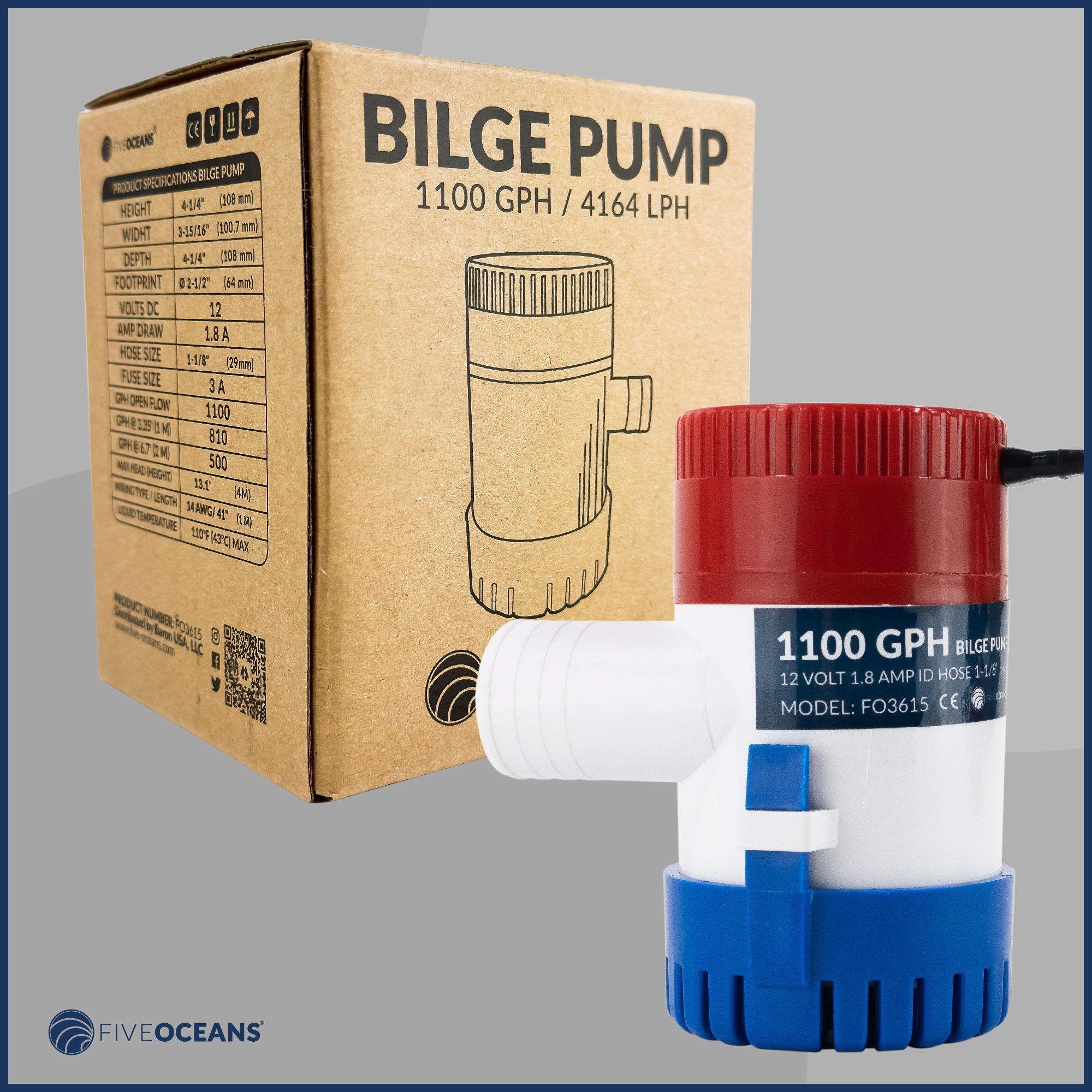 Five Oceans 1100 GPH / 4164 LPH Bilge Pump, 12-Volts, 1-1/8-Inch (29mm) Interior Diameter Hose, 41-Inch 14-Gauge Wire - FO3615