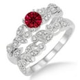thumbnail image 1 of 2 Carat Red Ruby 6mm Round Cut Moissanite Diamond Antique Flower Bridal Set on 10k White Gold, 1 of 2