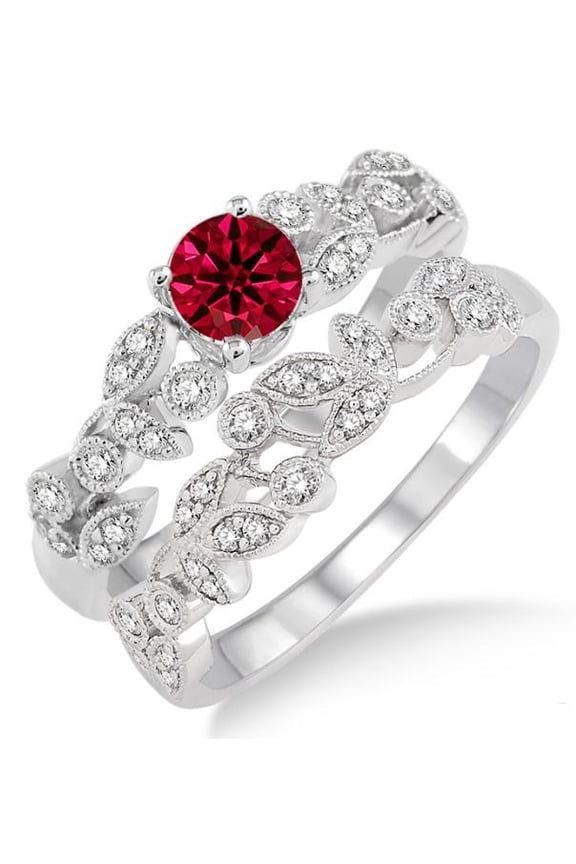 2 Carat Red Ruby 6mm Round Cut Moissanite Diamond Antique Flower Bridal Set on 10k White Gold