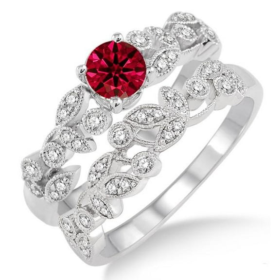 2 Carat Red Ruby 6mm Round Cut Moissanite Diamond Antique Flower Bridal Set on 10k White Gold