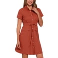 thumbnail image 4 of Vestido mini de mujer Inspire Chic con ajuste y vuelo, con cuello, bolsillos y cintura elástica en color rojo ladrillo, 4 of 6