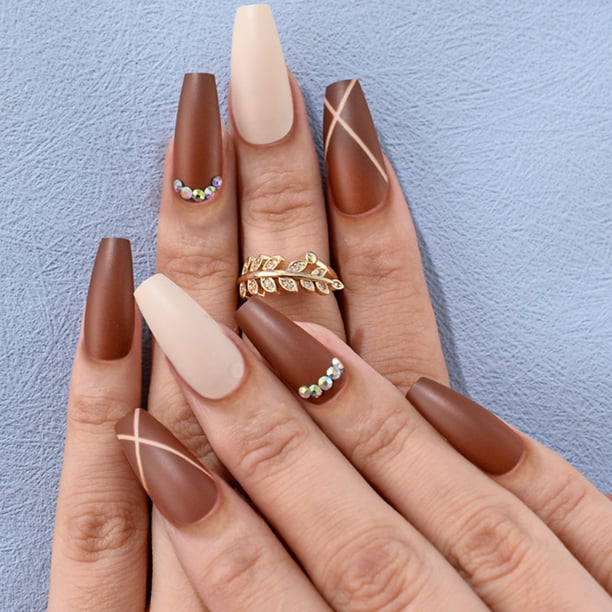 Dull Polish Artificial Nails Golden Dark Brown Fake Nails Long-Length False  Nails Classic Square Head Fake Nails Stylish Manicure Nails Set Glue Models  - Walmart.com