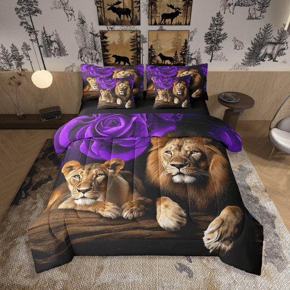 Erosebridal 7 Piece Comforter Sets Lion Full Bed In A Bag,Purple Rose Sheet Set With Comforter,Western Bedding Sets,African Animals Bed Set Wildlife Flowers Room Decor