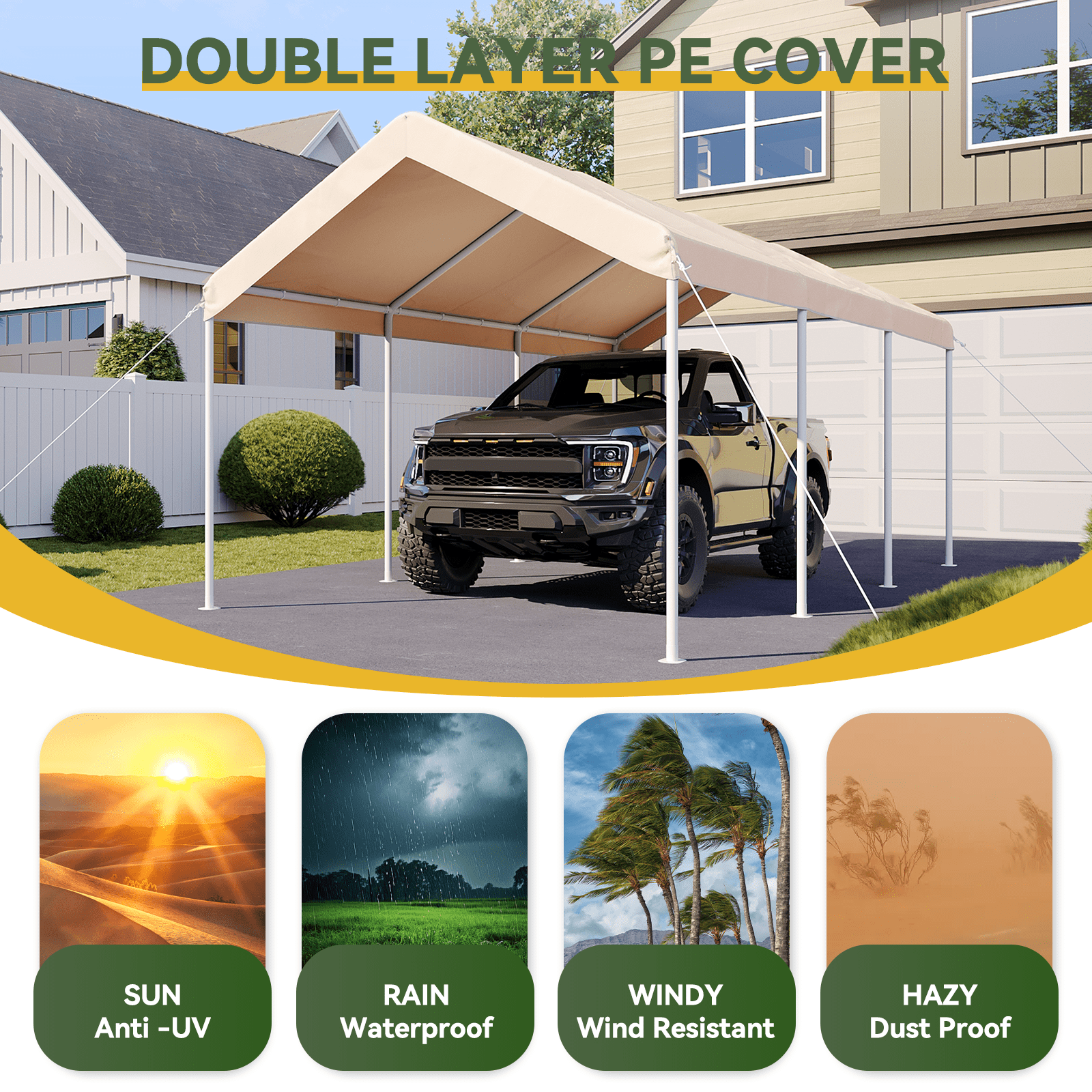 Aoxun 10x20 FT Heavy-Duty Portable Carport, Outdoor Car Canopy Shelter with Waterproof Tarp & Wind Resistant Design, Galvanized Steel Frame for Vehicle, RV, Boat, Truck Cover (Khaki)