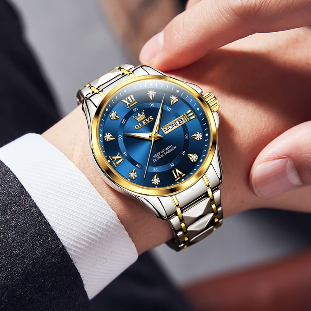 OLEVS Watches for Men Business Dress Diamond Analog Quartz Date Luxury Classic Casual Stainless Steel Waterproof Luminous Mens Wrist Watches Gifts Reloj para Hombre Blue/Gold/Black Dial