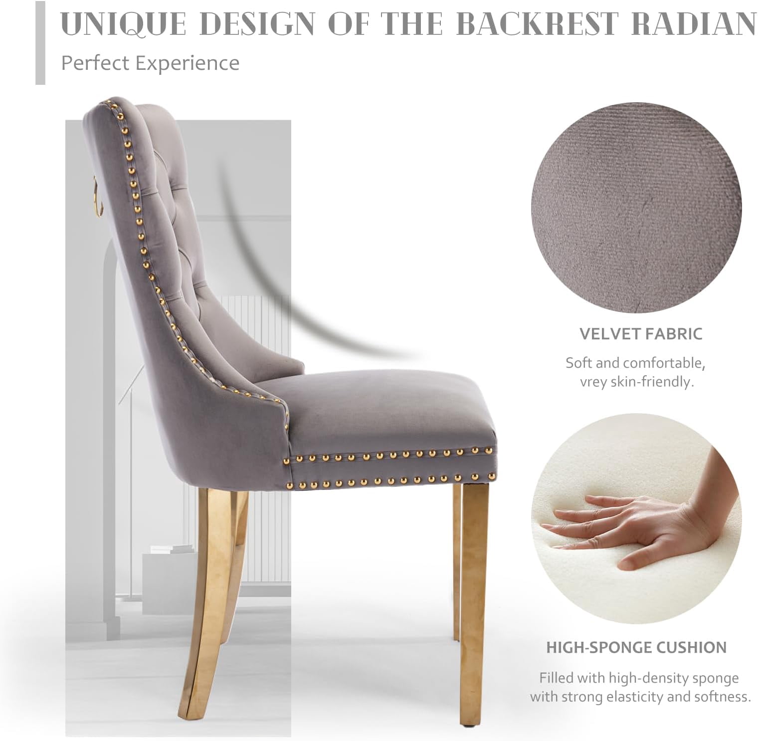 JESTOP Velvet Dining Chair Set of 8, Upholstered Tufted Dining Room Chair with Nailhead Trim and Solid Gold Plated Leg for Kitchen(Grey)