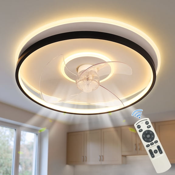 YANSUN 19.7 in 3-BladeModern Black and White Flush Mount Bladeless Ceiling Fan Light with Remote, Low Profile Design for Small Spaces