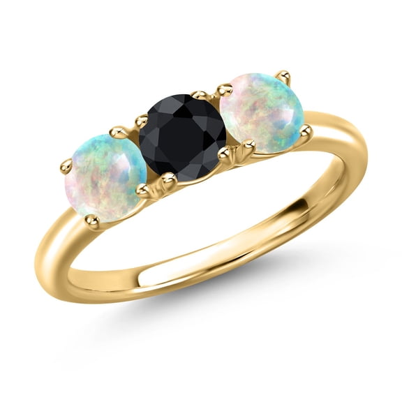 Gem Stone King 18K Yellow Gold Plated Silver Black Sapphire and Simulated White Opal Engagement Ring for Women | 1.69 Cttw | Round 5MM | Gemstone September Birthstone | Size 5