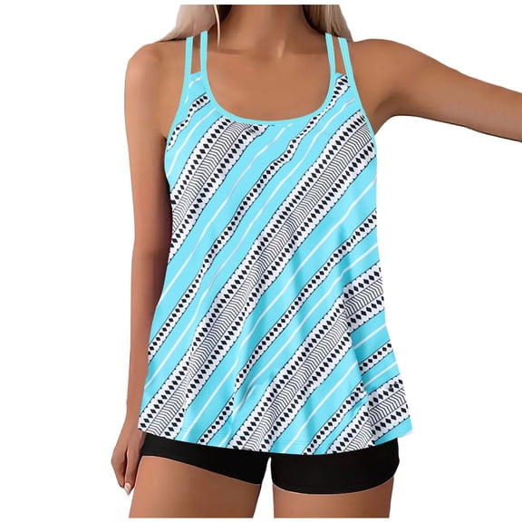 Fewfanhot Women's Stripes Print Tankini Swimsuit Dress Set, Scoop Neck Top with Black High Waist Shorts, Plus Size Bathing Suit Quick Dry UPF Swimwear