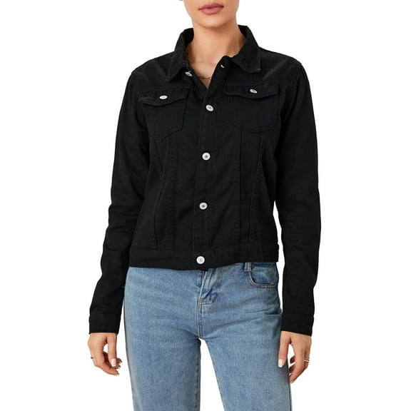 Musuos Women´s Solid Color Denim Jacket, Casual Long Sleeve Button Down Chest Pocket Jean Jacket