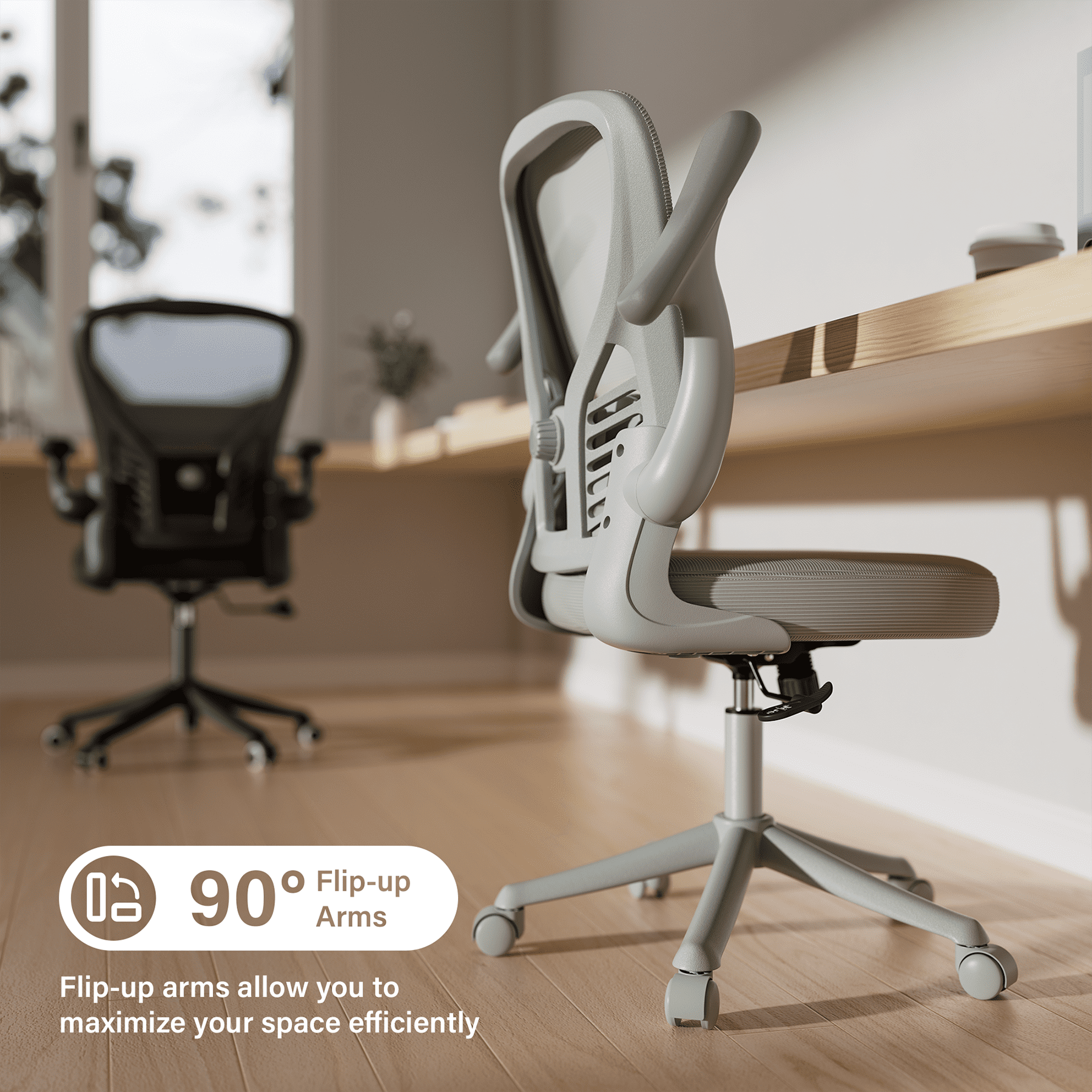 Solfway Gray/White Mesh Computer Desk Chair, Ergonomic Mesh Office Chairs with Adjustable Lumbar Support, Height, 3D Flip-up Arms, Wheels, Rocking Function