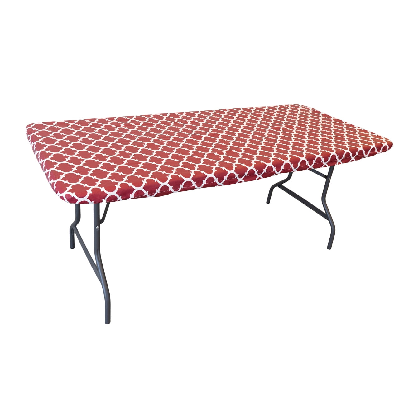 Waverly Inspirations Rectangular Elastic Fitted Table Cover Waterproof Vinyl Tablecloth With Flannel Backing, 6Ft Table, 72" x 30", Ogee Curl Cranberry, 8 PK