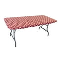 thumbnail image 2 of Waverly Inspirations Rectangular Elastic Fitted Table Cover Waterproof Vinyl Tablecloth With Flannel Backing, 6Ft Table, 72" x 30", Ogee Curl Cranberry, 8 PK, 2 of 6