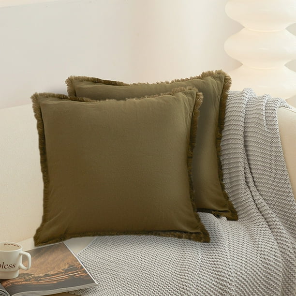 Juego de 2 fundas de almohada de lino con flecos, para sofá cama, sala de estar, decoración del hogar, funda de almohada decorativa con borlas, funda de almohada de algodón bohemio.