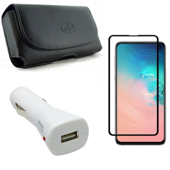 Galaxy S10e Screen Protector w Case Belt Clip w Car Charger - Tempered Glass 5D Curved Edge, Leather Holster Cover, USB DC Socket Power for Samsung Galaxy S10e Phone