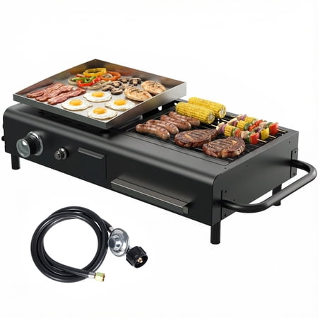 SIXDAY Dual Fuel Flat Top Griddle Tabletop Propane and Charcoal Grill Combo 12000 BTU Compact BBQ Grill with 2 Side Shelves for Patio and Camping