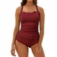 thumbnail image 4 of VEKDONE Women Modest 2 Pieces Swimwear Scalloped Square Neck Tummy Control Bathing Suit Strappy Solid Color Beach Swimsuit Slim Fit Smocked Waist Swimsuits with Bottoms Red XL, 4 of 5