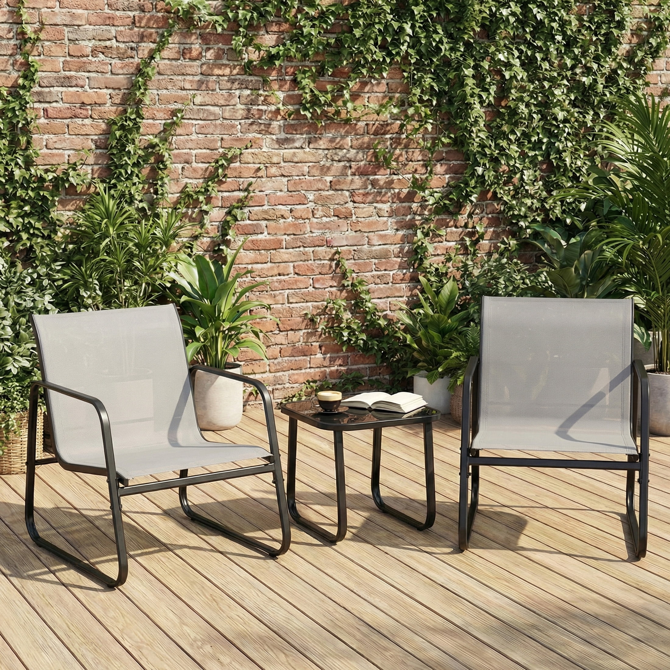 edx 3-Piece Textilene Outdoor Patio Set, Coffee Table & 2 Chairs, Gray