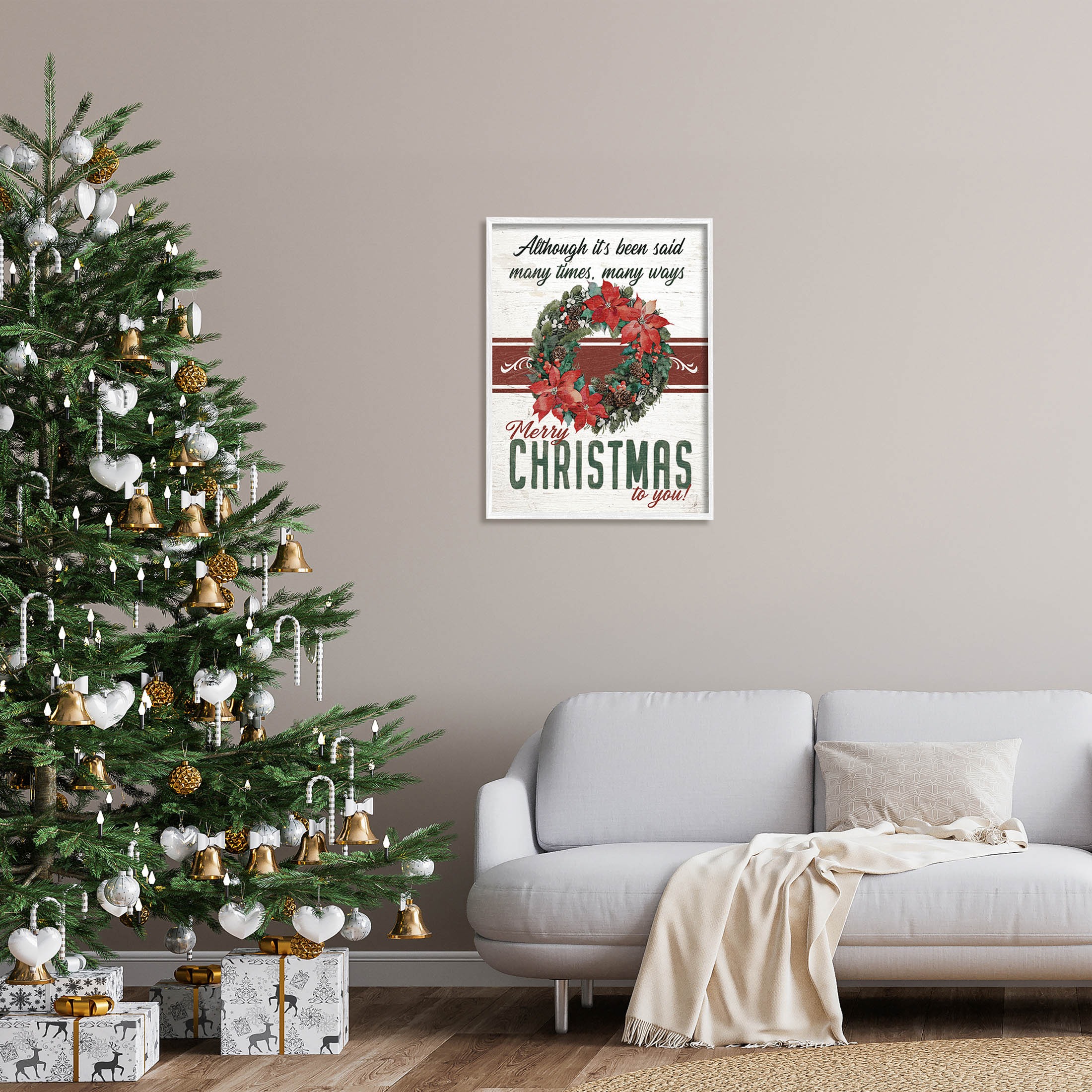 Merry Christmas To You Vintage Poinsettia Holiday Graphic Art White Framed Art Print Wall Art