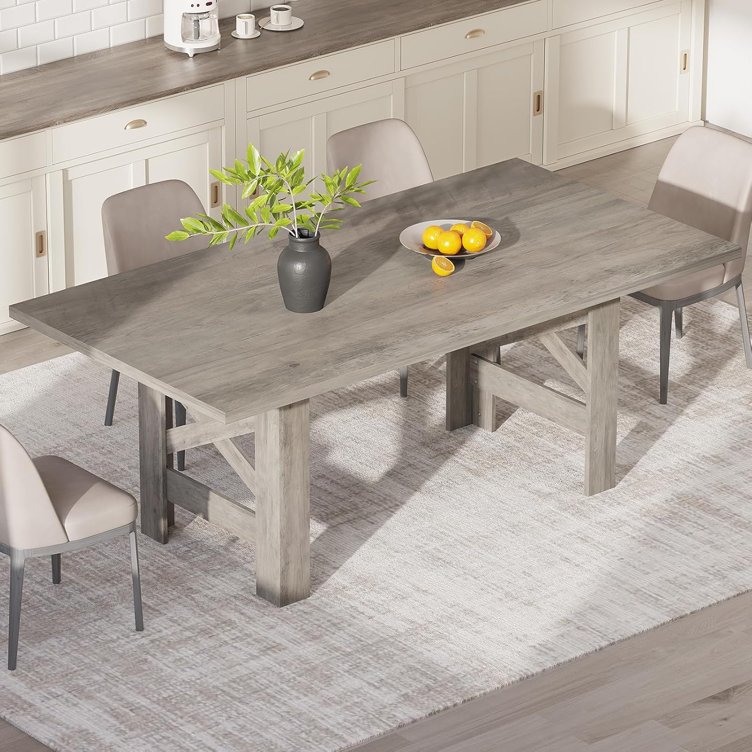71" Farmhouse Dining Table for 6-8, Large Wooden Table with Thick Frame and Stable Triangular Legs for Kitchen or Office