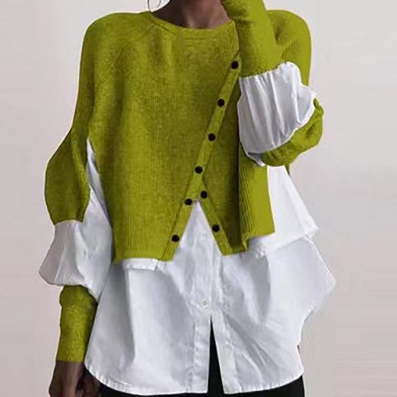 Green Womens Fall Tops Women's Autumn and Winter New Layered Pullover Spliced Two Piece Knitted Sweater Shirt Sweaters for Women