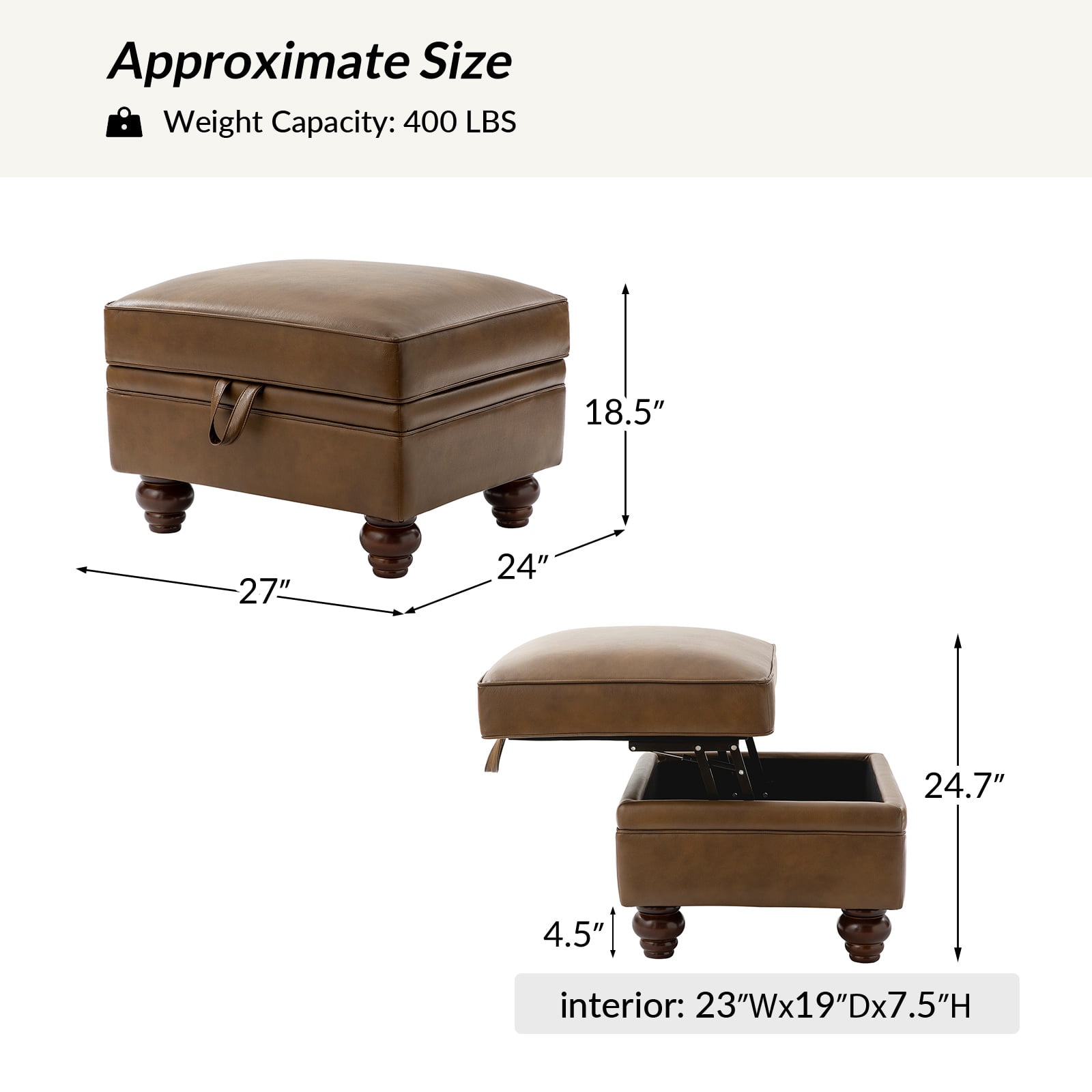 27" Square Ottoman Coffee Table Faux Leather Lift Top Storage Footrest Stool Bedroom Living Room Brown