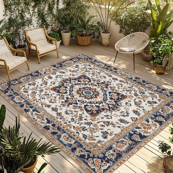 Fsddascl Orange Navy Blue Boho Outdoor Rug for Patio/Deck/Porch, Non-Slip Large Area Rug 4 x 6 Ft, Southwestern Ethnic Retro Geometric Indoor Outdoor Rugs Washable Area Rugs, Camping Rug Carpet