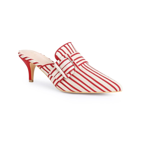 BLISSFUL STEP Women's Buckle Stripe Stiletto Heel Slip on Slide Mules Red (Size 5.5)