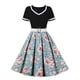 thumbnail image 1 of Vestido de manga corta con cuello en V para mujer, estampado floral retro, negro y azul, cinturón de cintura alta Pompotops ghjkhdj16251, 1 of 1