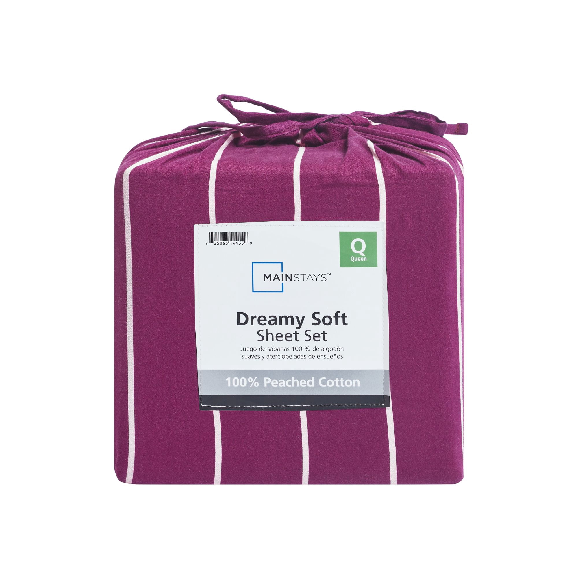 Mainstays 100% Cotton Dreamy Soft 4-Piece Bed Sheet Set, 220 Thread Count Brushed and Washed Sateen, Deep Pocket, Queen, Maroon and Pink Stripe