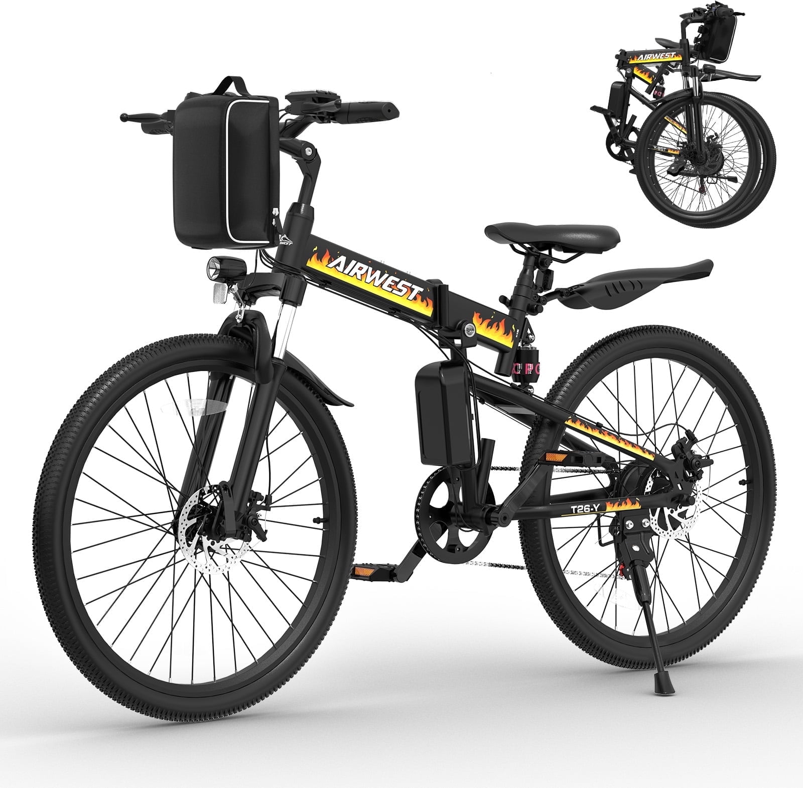 AIRWEST 26" Folding Electric Bike for Adults -Peak 750W Motor, 48V 374.4W Removable Battery, 7-Speed, Dual Suspension，Mountain E-Bike, UL2849