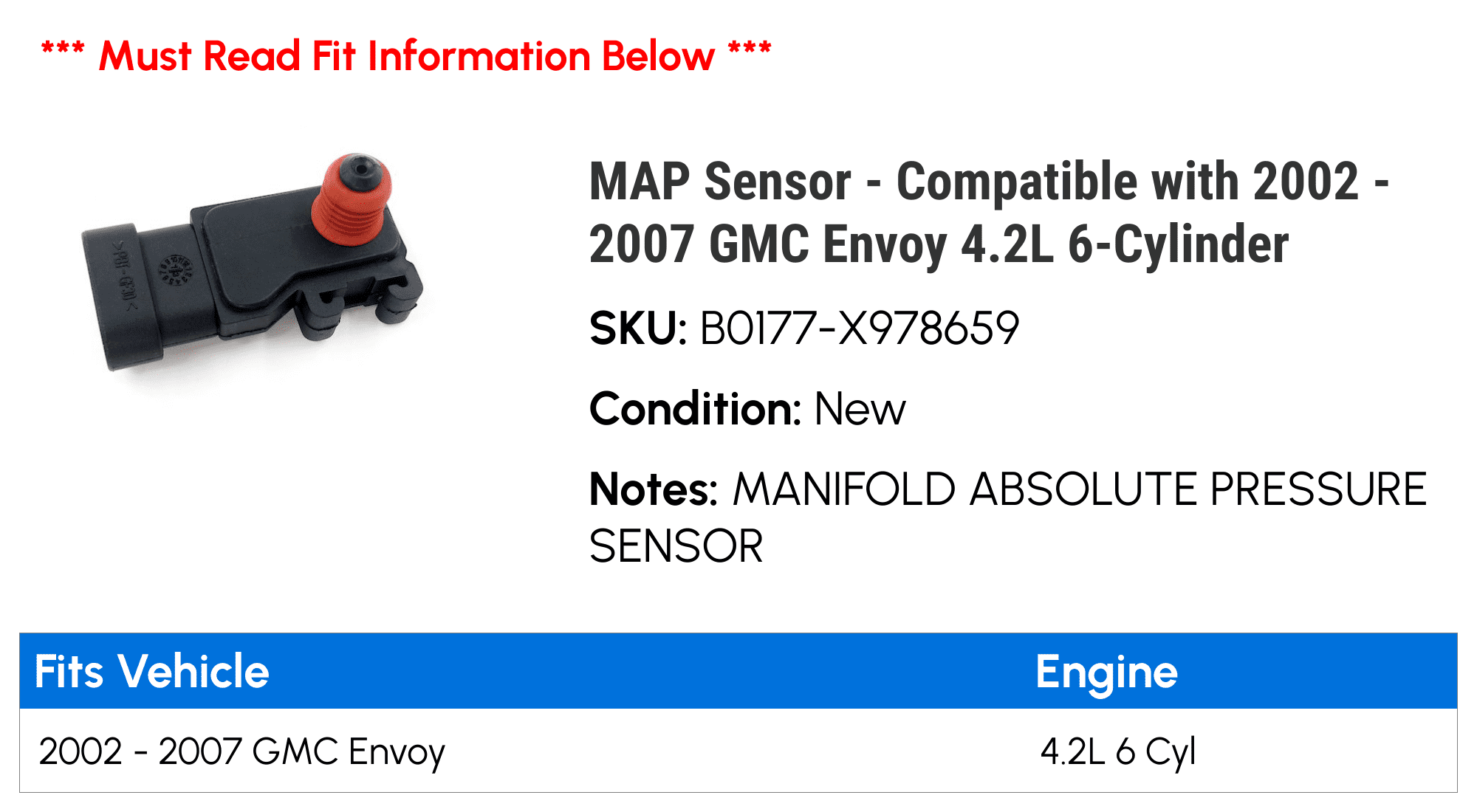 MAP Sensor - Compatible with 2002 - 2007 GMC Envoy 4.2L 6-Cylinder 2003 2004 2005 2006