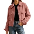 thumbnail image 3 of Womens Corduroy Jackets, Lapel Collar Long Sleeve Button up Outerwear with Pockets, Casual Street Style, Fall Winter Outdoor Wear | VerBelle,Pink S, 3 of 9