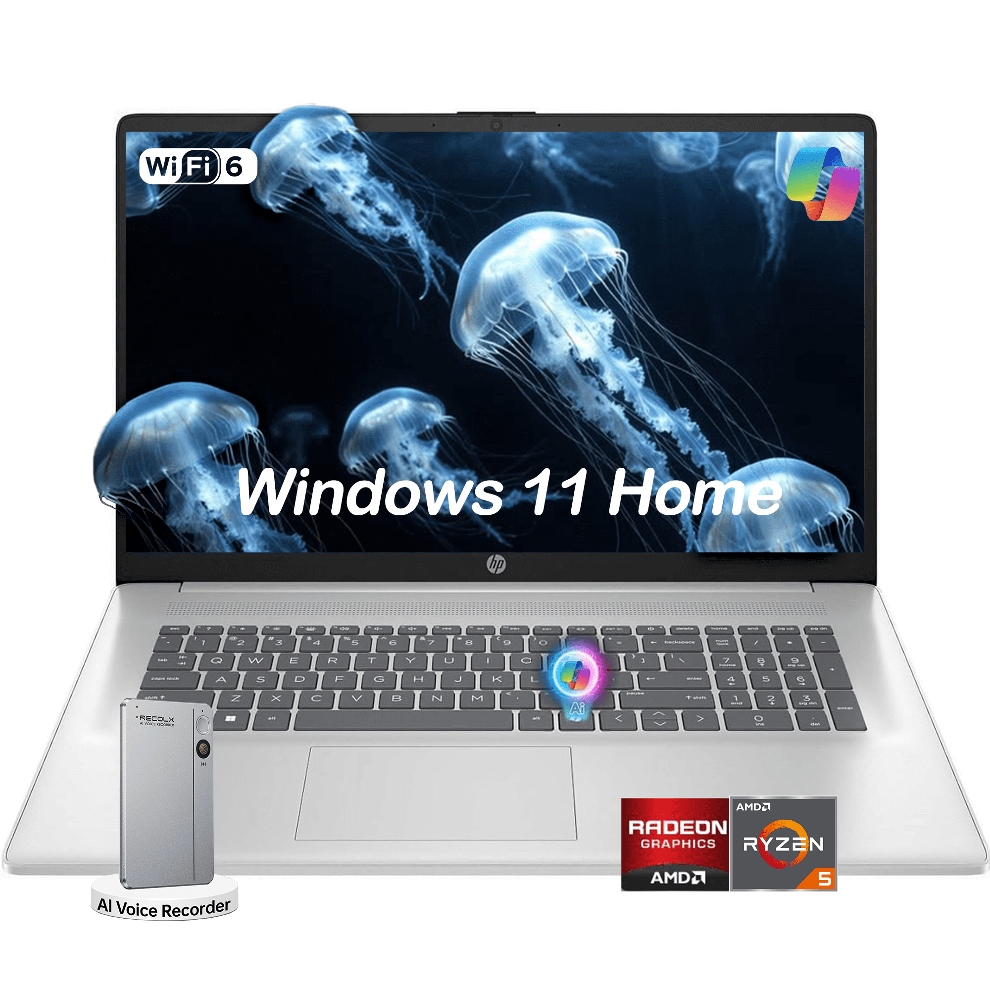 HP 17.3" FHD, inch laptops, AMD Ryzen 5 7430U, 8GB RAM 256GB SSD, Windows 11 Home, Copilot AI, RECOLX AI Voice Recorder