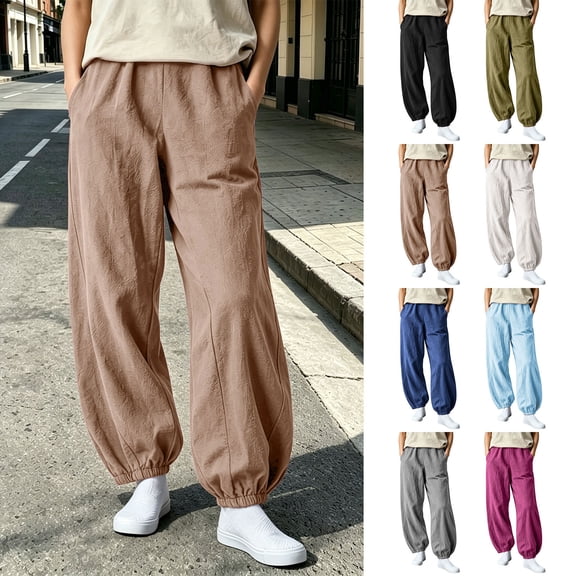 BUIGTTKLOP Cotton Linen Joggers for Women Baggy Loose Lounge Pants Fall Casual Pants Lightweight Beach Pants