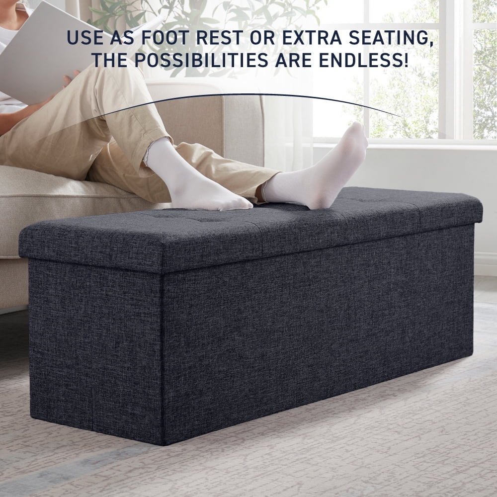 Ornavo Home Foldable Tufted Linen Large Storage Ottoman Bench Foot Rest Stool/Seat - 15" x 43" x 15"