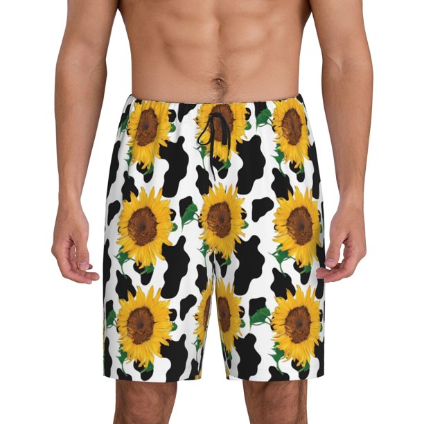 Balery Cute Cow Print Sunflower B Pantalones cortos de pijama de punto de algodón para hombre con cinturilla y bolsillos-Large