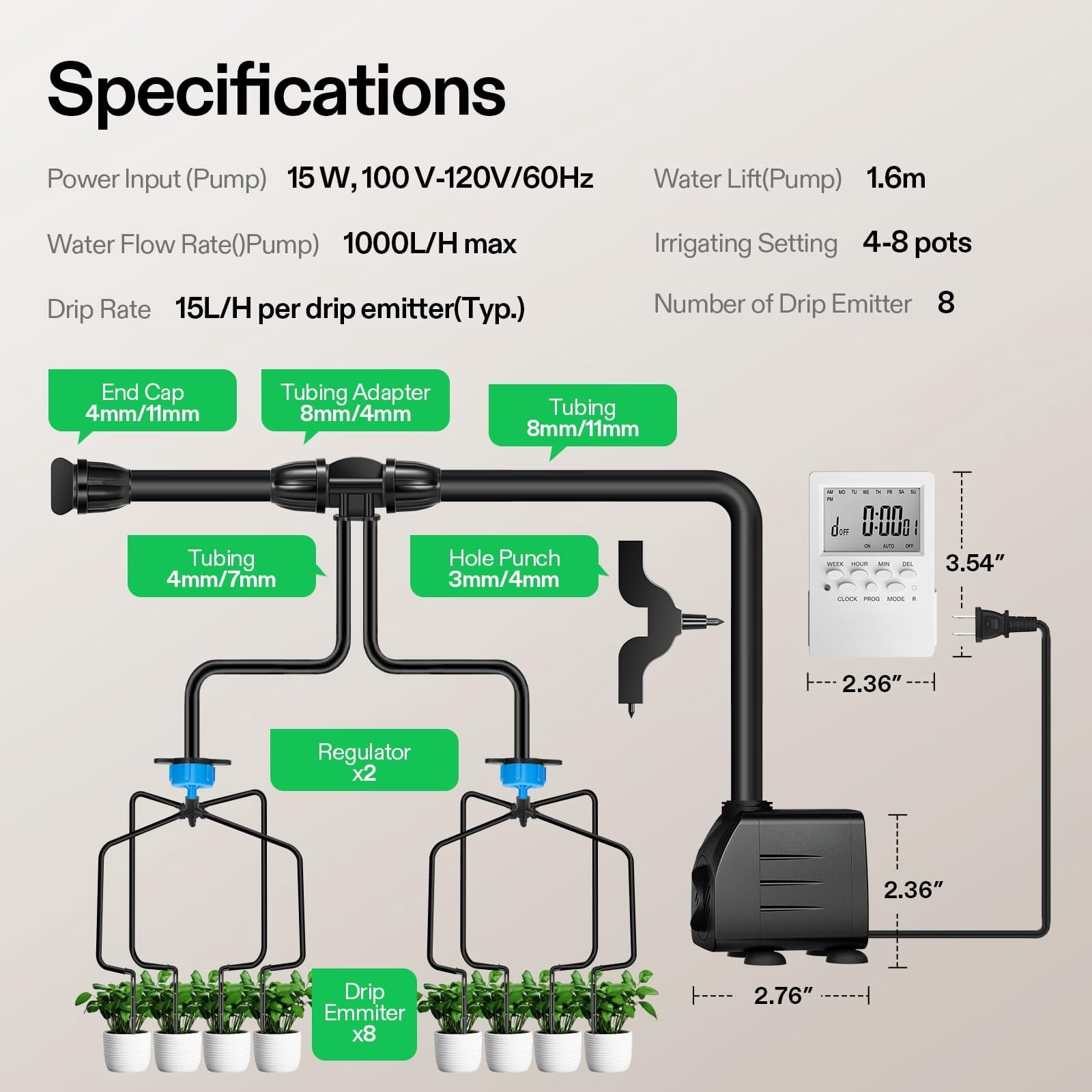 Automatic Drip Irrigation Kit Smart Watering System with 16/8/4 Drip Emitters, 4mm Fast Flow, App-Controlled A10 GrowHub, Quiet 15W Pump, Anti-Siphon & Filtered for Indoor & Outdoor Plants