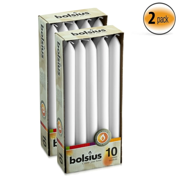 Bolsius 20 White Taper Dinner Candles 10 Inch Unscented 7.5 Hour Long Burning Candles - Premium Wax Dripless Smokeless Table Candle