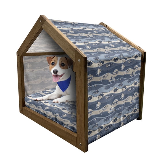 Fish Pet House, Inspired Geometric Aquarium Geometric Pattern Cartoon Style, Outdoor & Indoor Portable Dog Kennel with Pillow and Cover, 5 Sizes, Slate and Cadet Blue Tan, by Ambesonne