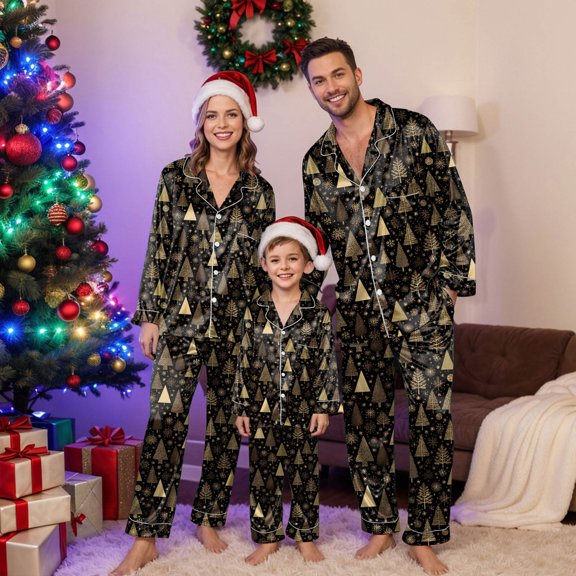Jkety Family Christmas Pajamas Matching Sets Satin Silk Button Down Xmas Pjs Sets Holiday Sleepwear Long Sleeve Nightwear