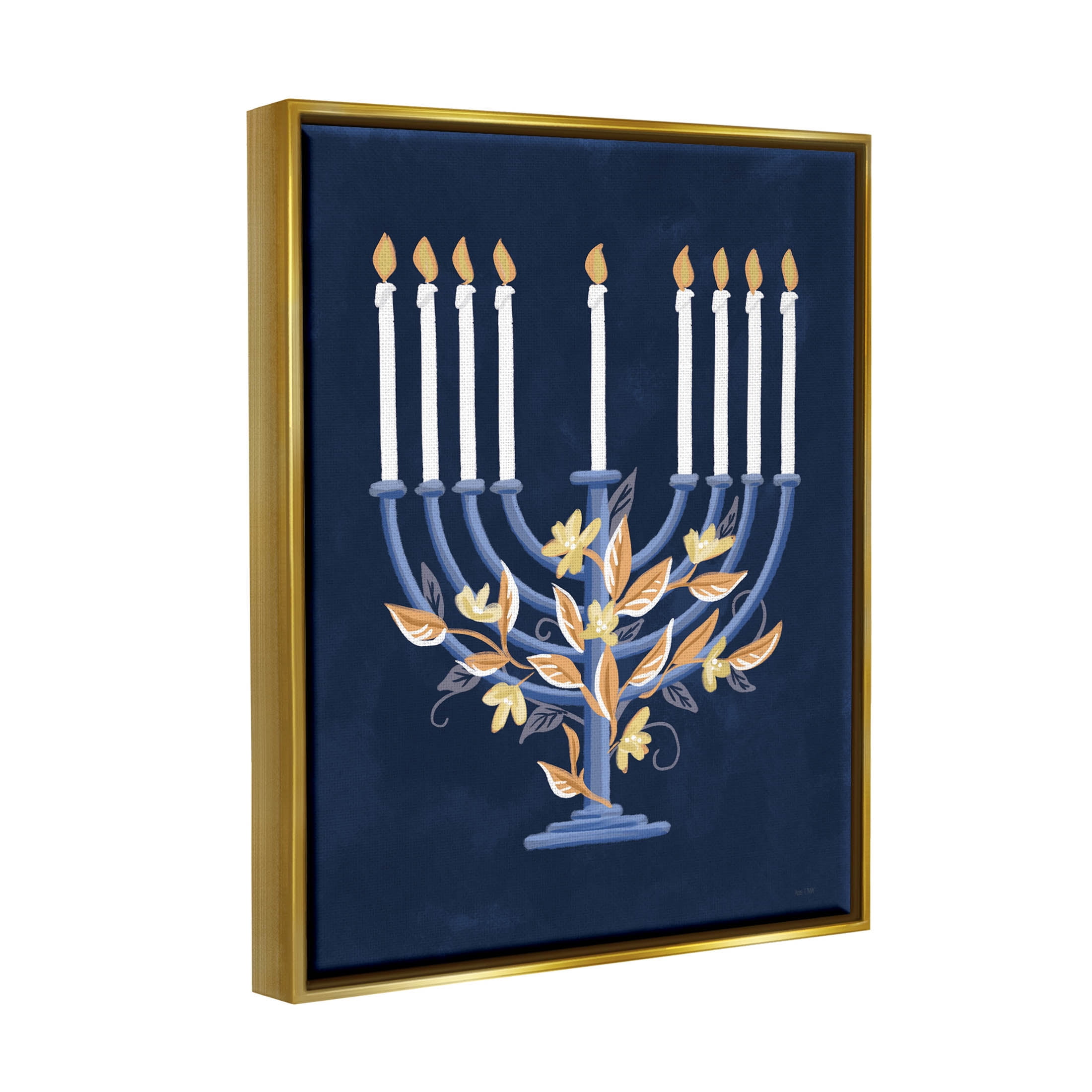 Traditional Floral Hanukkah Menorah Holiday Graphic Art Metallic Gold Framed Art Print Wall Art