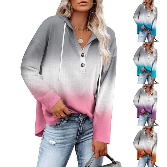 Hoodies Sweatshirt for Women Half Button Hooded Pullover Drawstring Long Sleeve Shirts Tops Gradient Clothes