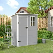 MRUAKA Outdoor Storage Shed 5x3 FT, Resin Garden Shed for Bike, Tool, Plastic Outside Sheds & Outdoor Storage Storage Box with Lockable Door for Backyard, Patio, Lawn, Sandstone