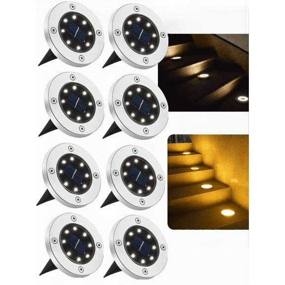 JT Morolux Solar Ground Lights- 8 pack, LED Disk Lights, White, Waterproof Outdoor Path Lights for Garden, Lawn, Walkway, Driveway（Warm White）
