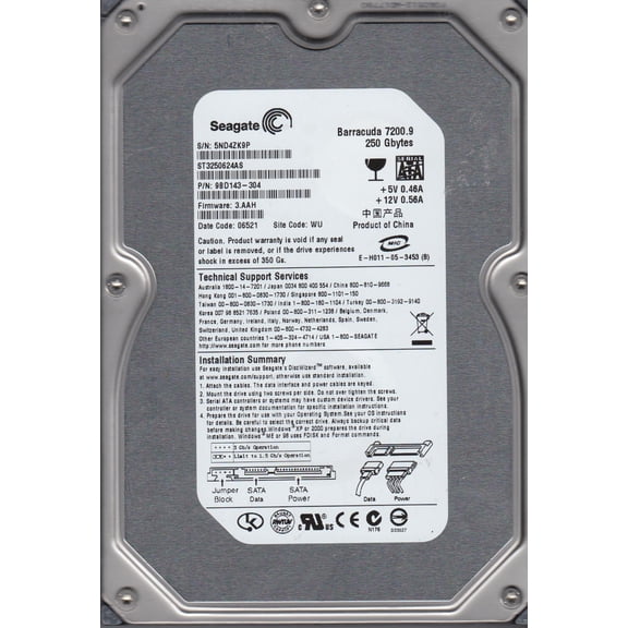 ST3250624AS, 5ND, WU, PN 9BD143-304, FW 3.AAH, Seagate 250GB SATA 3.5 Hard Drive