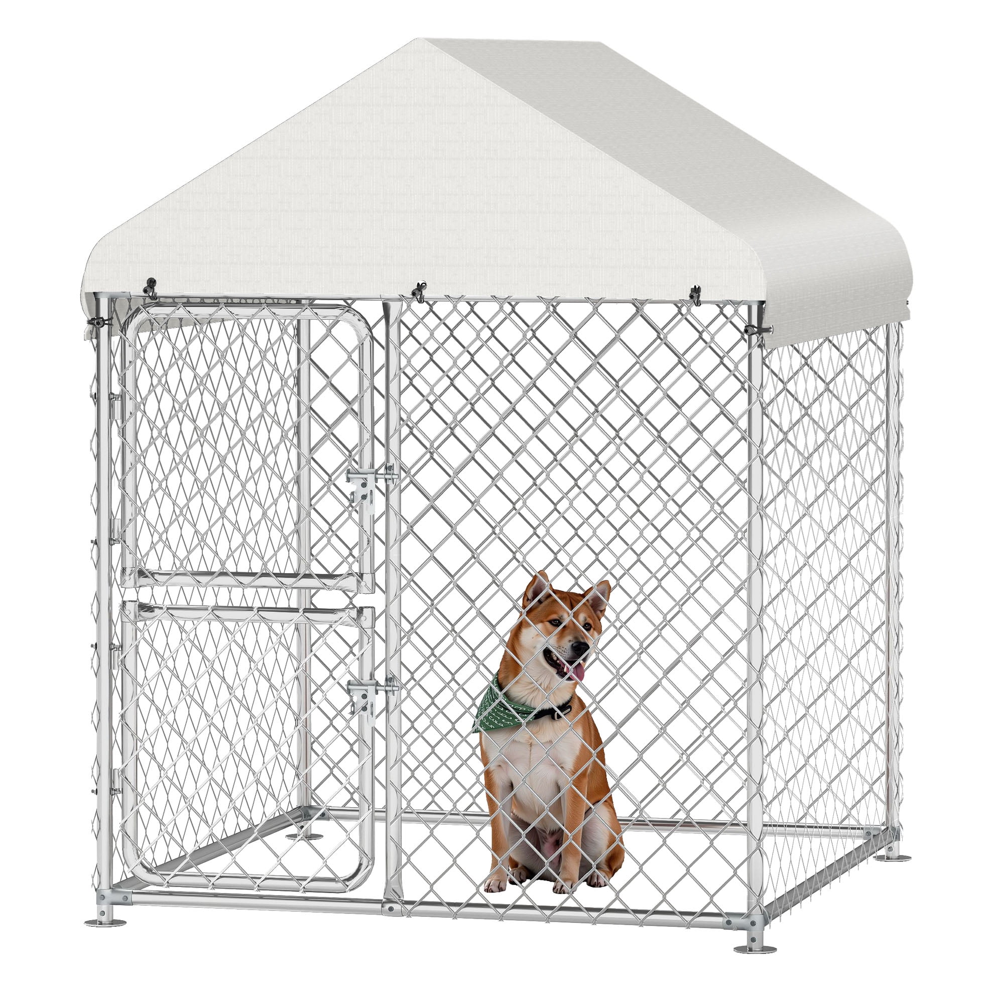 Uforic 4×5.4FT Outdoor Dog Kennel, Square Dog Crates Fence with Dual-Section Doors, Weather-Resistant Roof Cover, Mesh Design for Dogs of Various Sizes, Silver