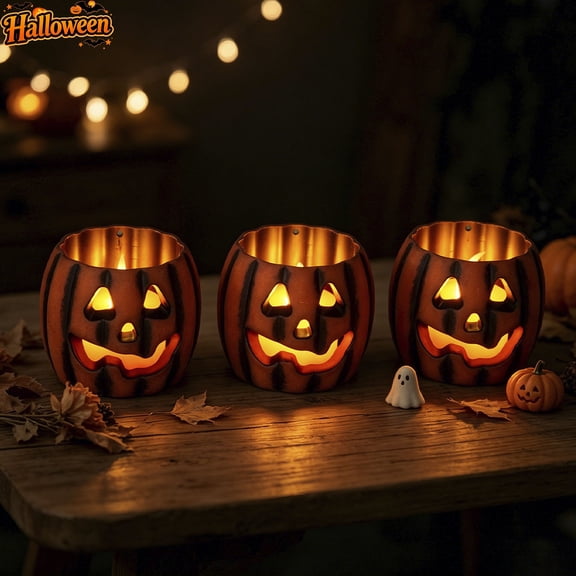 3 Pack Vintage Jack O Lantern Tealight Candle Holders, Hollow Pumpkin Plastic Candle Cups, Warm Light Tabletop Centerpiece For Halloween Party Dinner Mantel Tiered Tray Indoor Fall Seasonal Decor