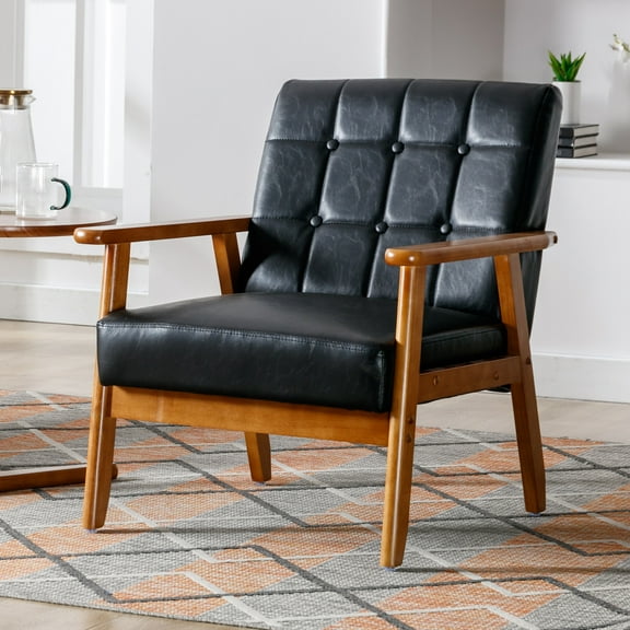 HOMEFUN Leisure Chair with Solid Wood Armrest and Feet, Mid-Century Modern Accent chair, for Living Room Bedroom Studio chair