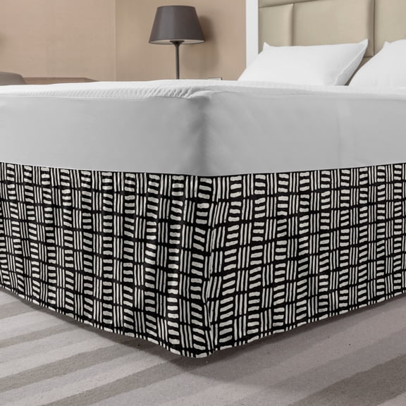 Abstract Bed Skirt, Weathered Look Geometric Design with Perpendicular Skew Lines Modern Art, Elastic Bedskirt Dust Ruffle Wrap Around for Bedding Decor, 4 Sizes, Black and White, by Ambesonne